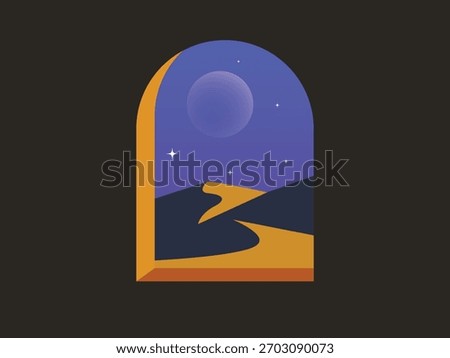 Minimalist moroccan scene, windows in a view of the desert during the night