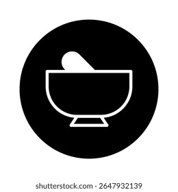 Ilustração minimalista de almofariz e pilão evoca aplicações de farmácia, alquimia ou culinária oferecendo uma representação simbólica