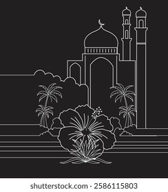 Minimalist mosque and hibiscus line art. Clean, elegant, black and white design for Islamic themes, Ramadan, and cultural projects.