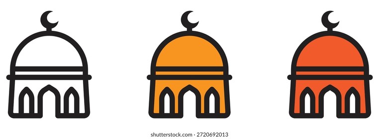 Diseño minimalista del icono de la mezquita con una cúpula de luna creciente en el contorno y variaciones de color