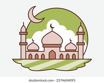 Minimalist Mosque Illustration with Crescent Moon. Modern Islamic Mosque Icon with Crescent and Green Backdrop. Elegant Mosque Vector Design with Islamic Motifs.