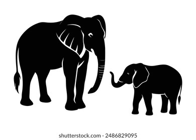 Minimalist Mother and Baby Elephant Silhouette Art - Vector Wildlife Illustration