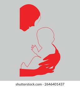 Minimalist Mother Holding Baby Silhouette Illustration, Concept of Maternal Love and Parenthood, Used for Mother's Day Cards, Parenting Blogs, Childcare Services, Family Support Campaigns
