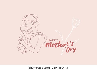 A minimalist Mother's Day design in an elegant line art style, depicting a mother gently embracing her child, adorned with tulips. Vector illustration.