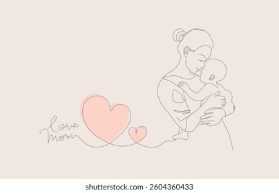 A minimalist Mother's Day design in a hand drawn line art style, featuring a mother gently embracing her child with hearts.  Vector illustration.