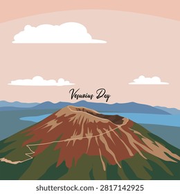 Minimalist Mount Vesuvius Volcano Landscape Illustration. Scenic vector landscape of Mount Vesuvius with crater trail under a pastel sky, perfect for history education and travel graphics. Vesuvius Day, August 24th.