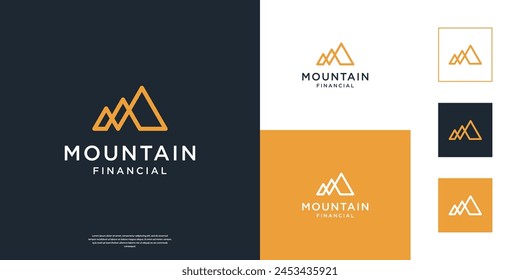 Minimalist mountain and financial symbol logo design with line art style.