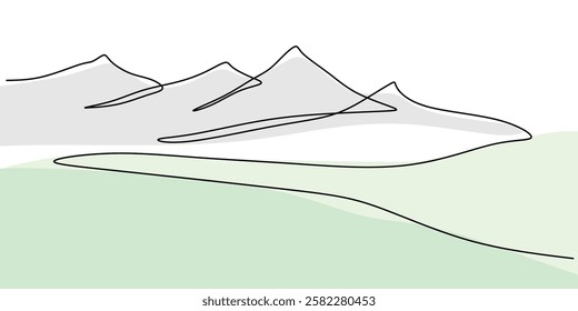 Minimalist mountain and forest illustration in a single line. Representation of outdoor adventures, camping, and scenic beauty. Vector illustration hand drawn.