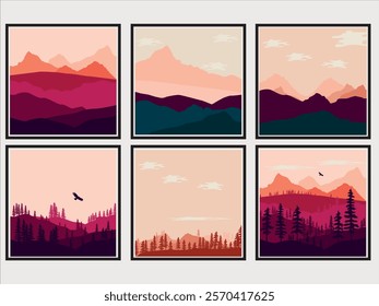 Minimalist Mountain and Forest Vector Set: This set features clean and elegant line art illustrations of mountains and trees, perfect for modern and nature-inspired designs. Created with a focus on si