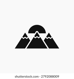 Minimalist mountain icon featuring sun and snow peaks ideal for travel logos and nature designs. Clean silhouette vector graphic suitable for hiking equipment branding and adventure sports emblems. Versatile black and white mountain range illustration for outdoor park signage and decor.