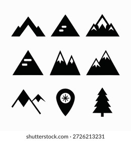 Conjunto de iconos de montaña minimalistas con pino y silueta de Vector de mapa para viajes de aventura al aire libre y diseño de camping