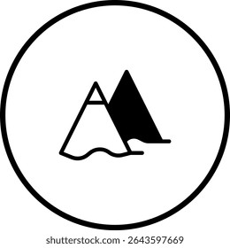 Ilustración de montaña minimalista en marco de círculo, que representa la naturaleza y la aventura