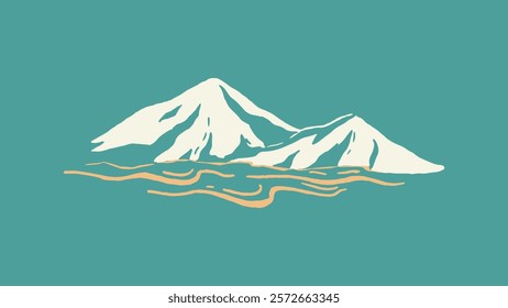 Minimalist mountain illustration with snowy peaks. Simple mountain design on a teal background. Mountains and peaks in a clean, minimalist style. Travel and adventure background, vector.
