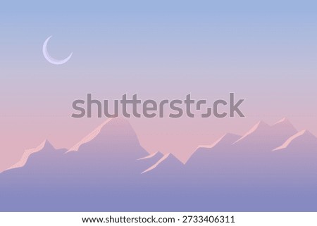 Minimalist mountain landscape background with pastel gradient sky and crescent moon. Calm and dreamy nature vector illustration.