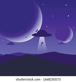 Minimalist mountain landscape background, UFO abducts a man, planets or moons in the night sky. Abstract sunset surface, unidentified flying objects floating over the sand desert. Vector illustration