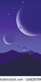 Minimalist mountain landscape background, UFO abducts a man, planets or moons in the night sky. Abstract sunset surface, unidentified flying objects floating over the sand desert. Vector illustration