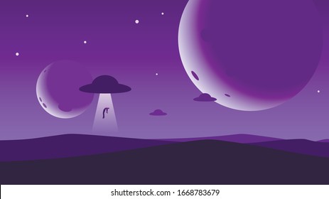 Minimalist mountain landscape background, UFO abducts a man, planets or moons in the night sky. Abstract sunset surface, unidentified flying objects floating over the sand desert. Vector illustration