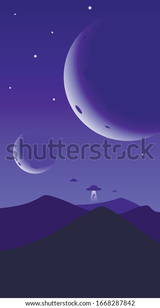 Minimalist mountain landscape background,\
UFO abducts a man, planets or moons in the night sky. Abstract\
sunset surface, unidentified flying objects floating over the sand\
desert. Vector\
illustration