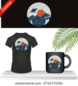 Minimalist Mountain Landscape Design EPS Vector File for T-Shirt and Coffee Mug Print. Outdoor Adventure, Hiking, and Nature Themed Graphic Art. Modern Monoline Illustration for Apparel, Merchandise, 
