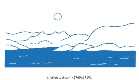 Minimalist mountain landscape featuring blue water and sun. Sea scenery with snowy peaks. Lake and  hills horizon background. Nature and vacation. Como, Lago Maggiore. Isolated vector illustration