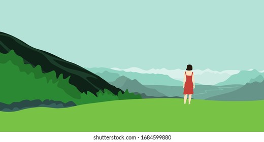 Minimalist mountain landscape with a girl in a red dress. Calm nature scenic view, vector illustration