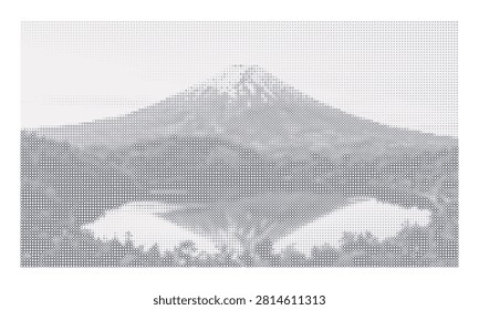 Minimalist mountain landscape with halftone dot pattern creative nature background abstract peaks vector illustration peaceful outdoor scenery monochromatic art.