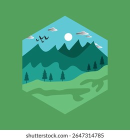 Minimalist Mountain Landscape Illustration With Birds, Trees, and Grassy Hills Under a Bright Sky. Peaceful Nature Scene in Flat Design