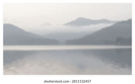 Minimalist mountain landscape illustration featuring stylized layered peaks and calm water surface composed of elegant geometric circular halftone dot grid pattern.