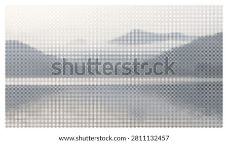 Minimalist mountain landscape illustration featuring stylized layered peaks and calm water surface composed of elegant geometric circular halftone dot grid pattern.