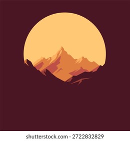 Ilustración de paisaje de montaña minimalista con forma de círculo de puesta de sol. Perfecto para branding, diseño de logotipos, fondo de interfaz de usuario, carteles, App, Fondos de pantalla y proyectos de identidad visual modernos