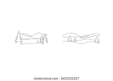 Minimalist Mountain Landscape Illustration With Trees And Lake Scene Set