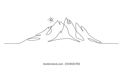 Minimalist Mountain Landscape in One Continuous Art Line. Trendy scenic mounts, wall art background. Black and white landscape design for fabric, prints, and wall art. Simple line drawing of one line