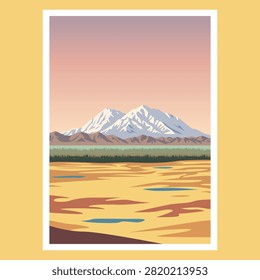Minimalist mountain landscape poster, flat vector illustration featuring snowcapped peaks, plains, and serene natural scenery