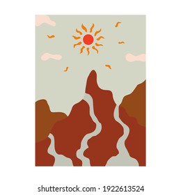 Minimalist mountain landscape with river and sun. Streams flow down the mountains. Sun rays shine brightly. Painting trendy for interior with nature. Colorful vector illustration hand drawn vertical 
