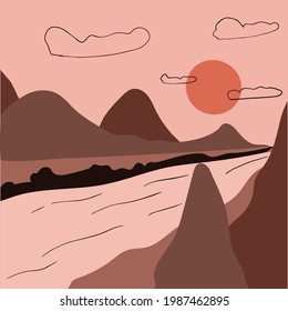 Minimalist mountain landscape, river and sunset sky. Abstract scandinavian design, vector flat illustration. Mid century modern artwork.