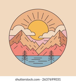 Minimalist Mountain Landscape with Sun and Lake Illustration	
