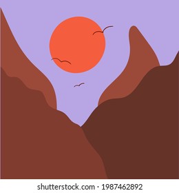 Minimalist mountain landscape and sunset. Abstract scandinavian design, vector flat illustration