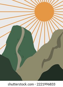 Minimalist mountain landscape with sunset. Trendy poster, wall decor in vintage boho style