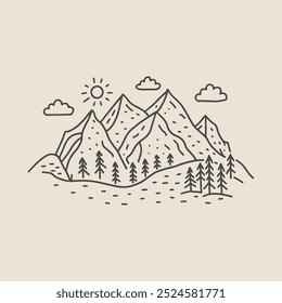 Minimalist mountain landscape with trees, sun, and clouds in line art style.