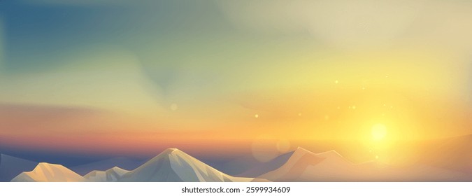 Minimalist mountain landscape under colorful sunrise sky - vibrant golden yellow, orange and blue gradient background. 3d illustration with dramatic lighting effect, abstract geometric nature scenery.
