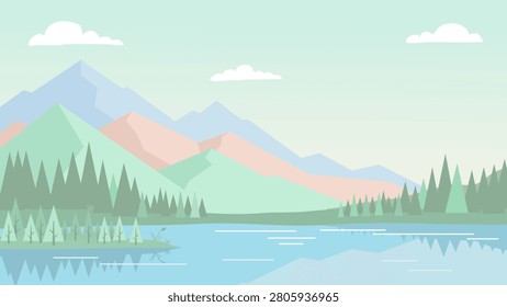 Minimalist mountain landscape vector background with lake and pine forest in pastel colors