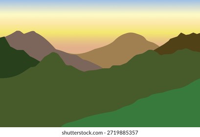 Vector minimalista de paisaje de montaña. Ilustración de Naturaleza plana de Green Hills y Sunrise Sky. Fondo de escenografía en capas para el diseño de viajes.