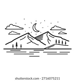 Minimalist Mountain Landscape Vector Line Art