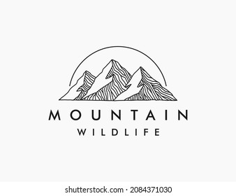 Minimalist mountain line art logo. Outdoor logo template