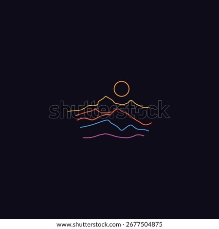 Minimalist mountain line art logo with colorful gradient outline and rising sun