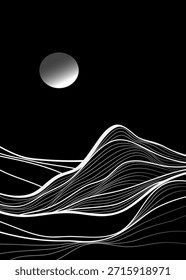 Minimalist Mountain with line art texture. Abstract mountain landscapes backgrounds. mountains range, ocean wave and moonlight. use for wall art prints, poster Art Decoration, banner