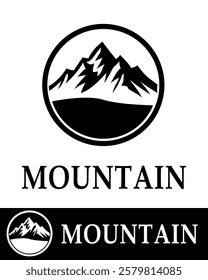 A minimalist mountain logo design enclosed in a circular frame, symbolizing nature, adventure, outdoor exploration, and rugged landscapes