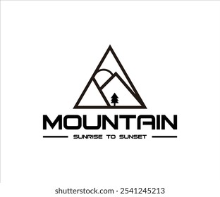 A minimalist mountain logo featuring a tree and sun, symbolizing nature and adventure.