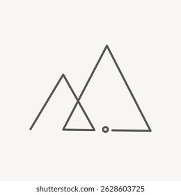 Minimalist mountain logo with simple line art. Features two overlapping triangles and a small circle. Perfect for branding, nature themes, or outdoor businesses. Geometric shape vector.