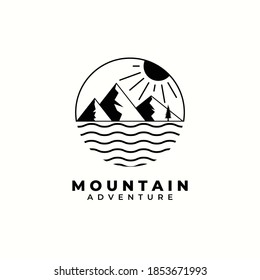 minimalist mountain logo vector illustration design, riverside, lake , vintage logo